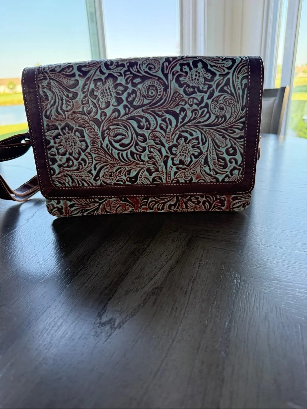 Tooled Leather Crossbody Bag in Turquoise and Brown Floral